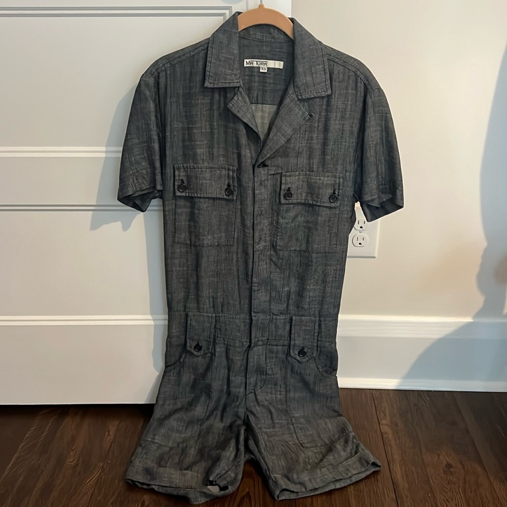 Mr. Turk short jumpsuit, denim colored, breathable linen like fabric.